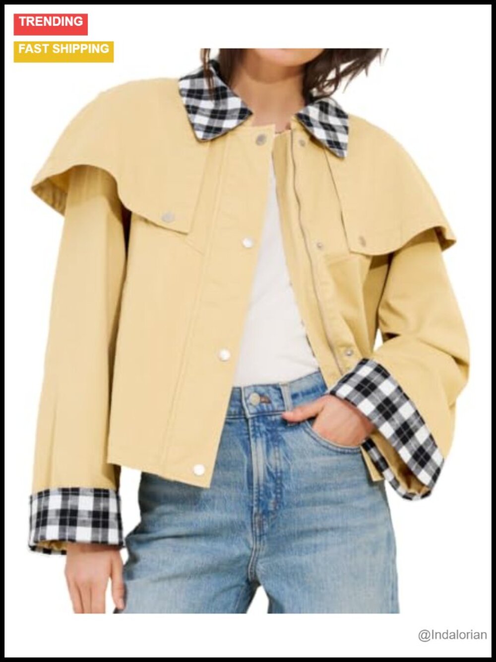 Womens Cropped Trench Coat Lightweight Cape Jacket Gingham Trim